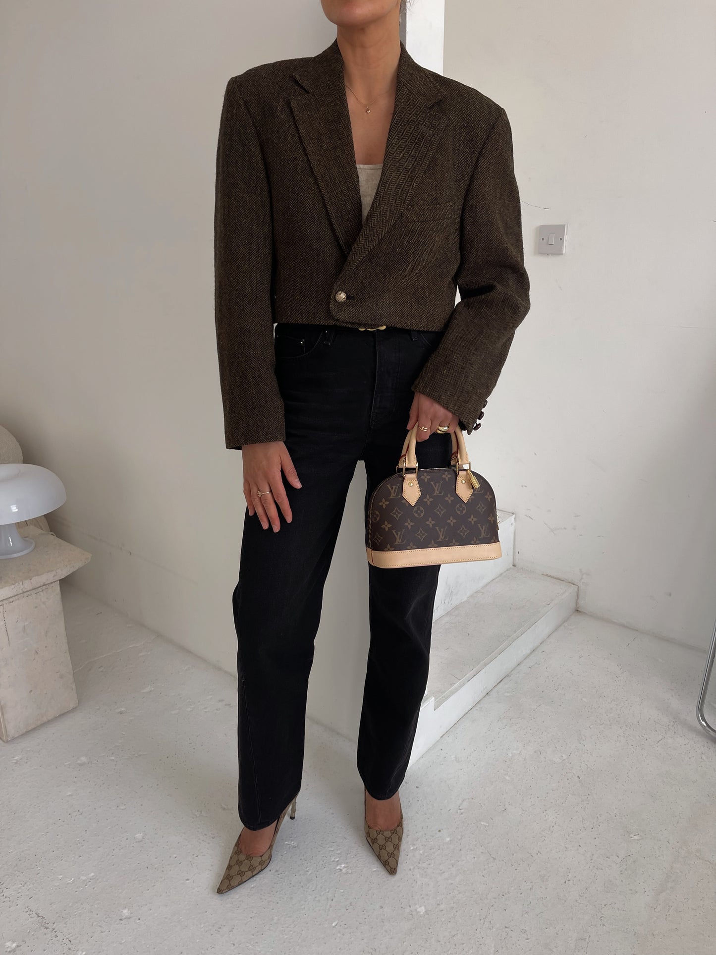 Cropped Brown Herringbone Blazer