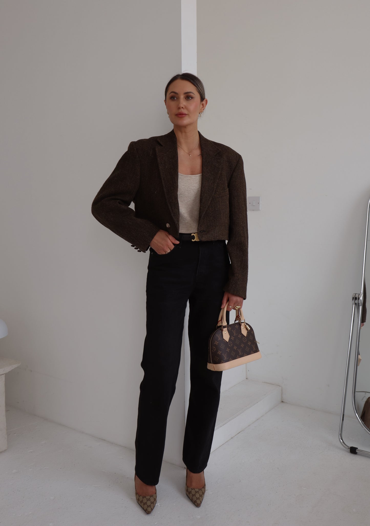 Cropped Brown Herringbone Blazer