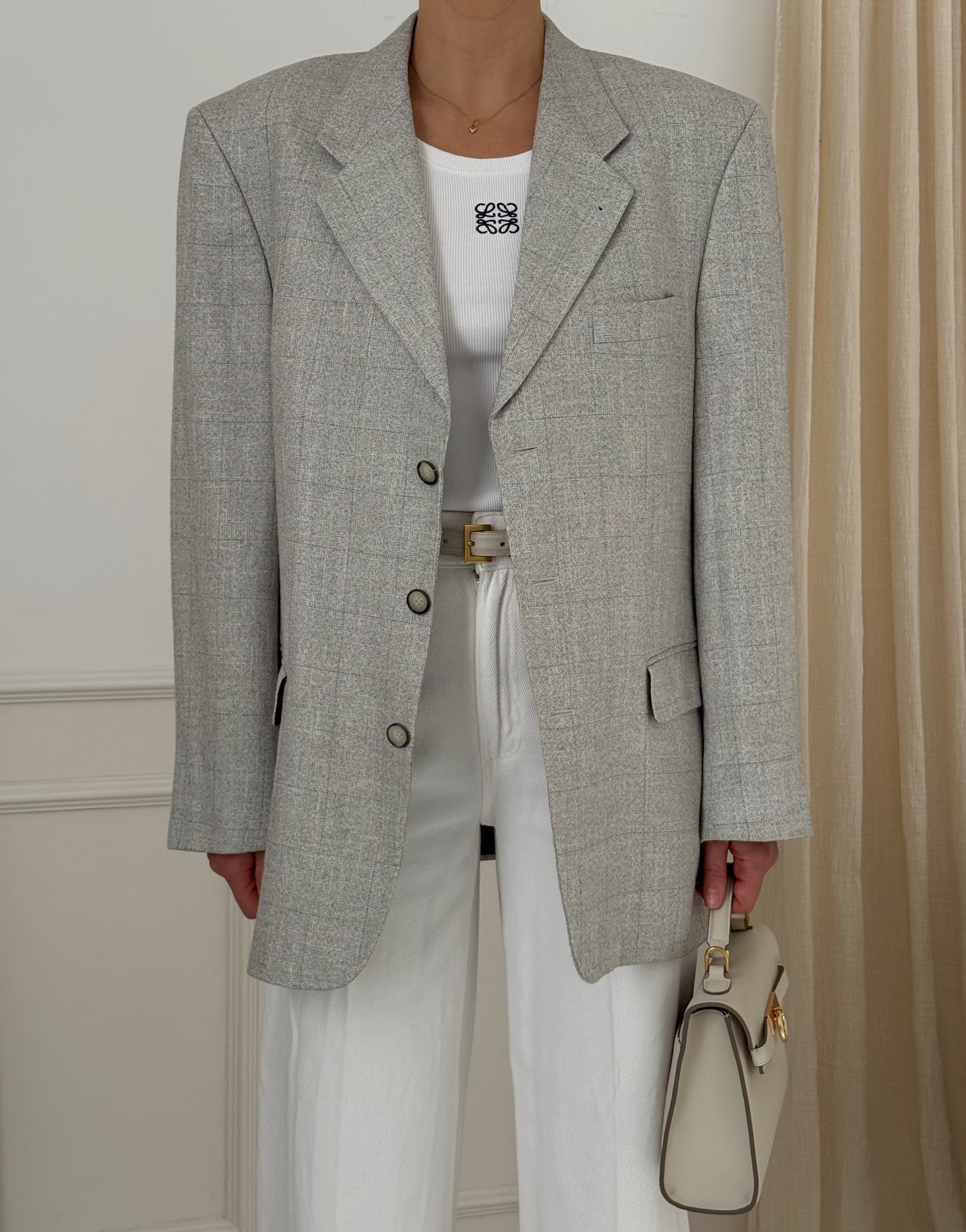 Vintage Light Grey Linen Oversized Blazer