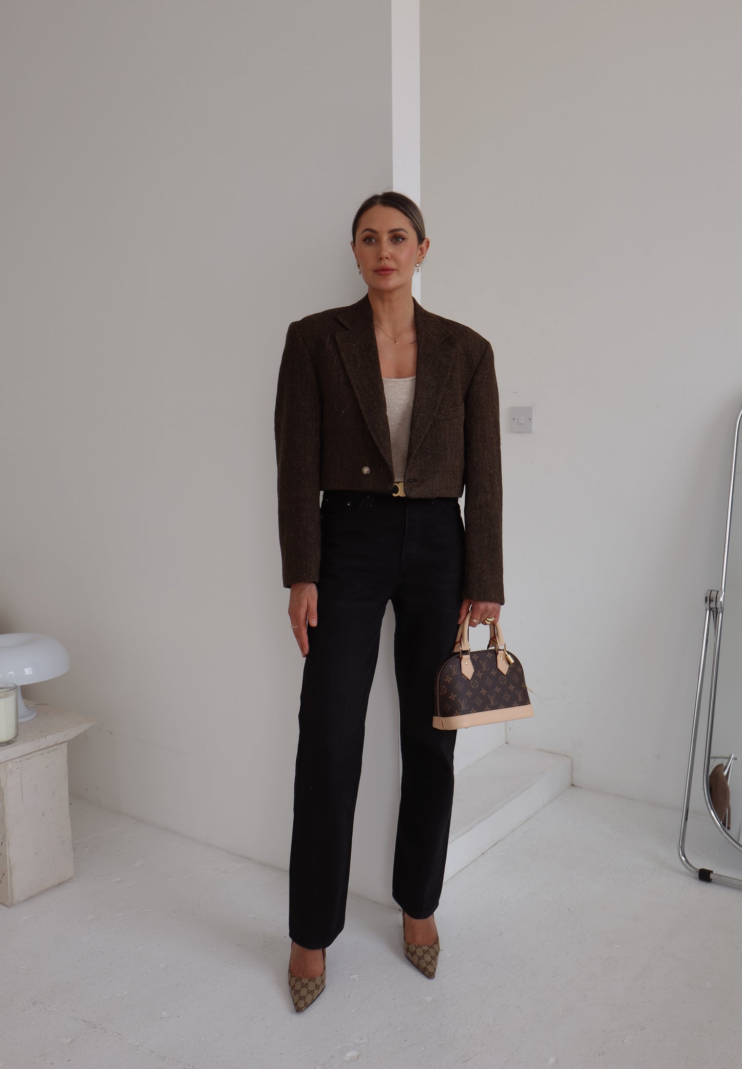 Cropped Brown Herringbone Blazer