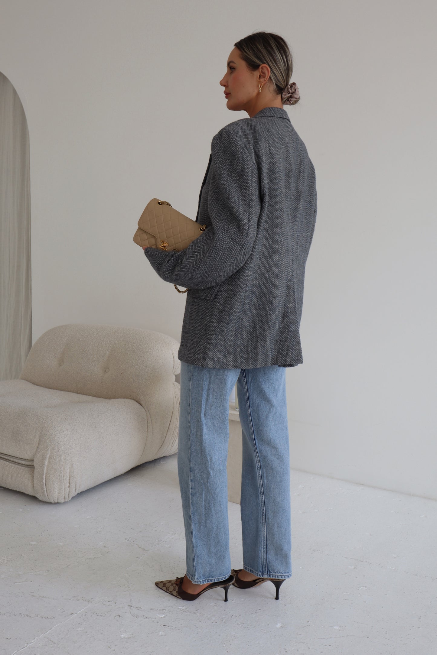 Oversized Slate Blue-Grey Herringbone Blazer