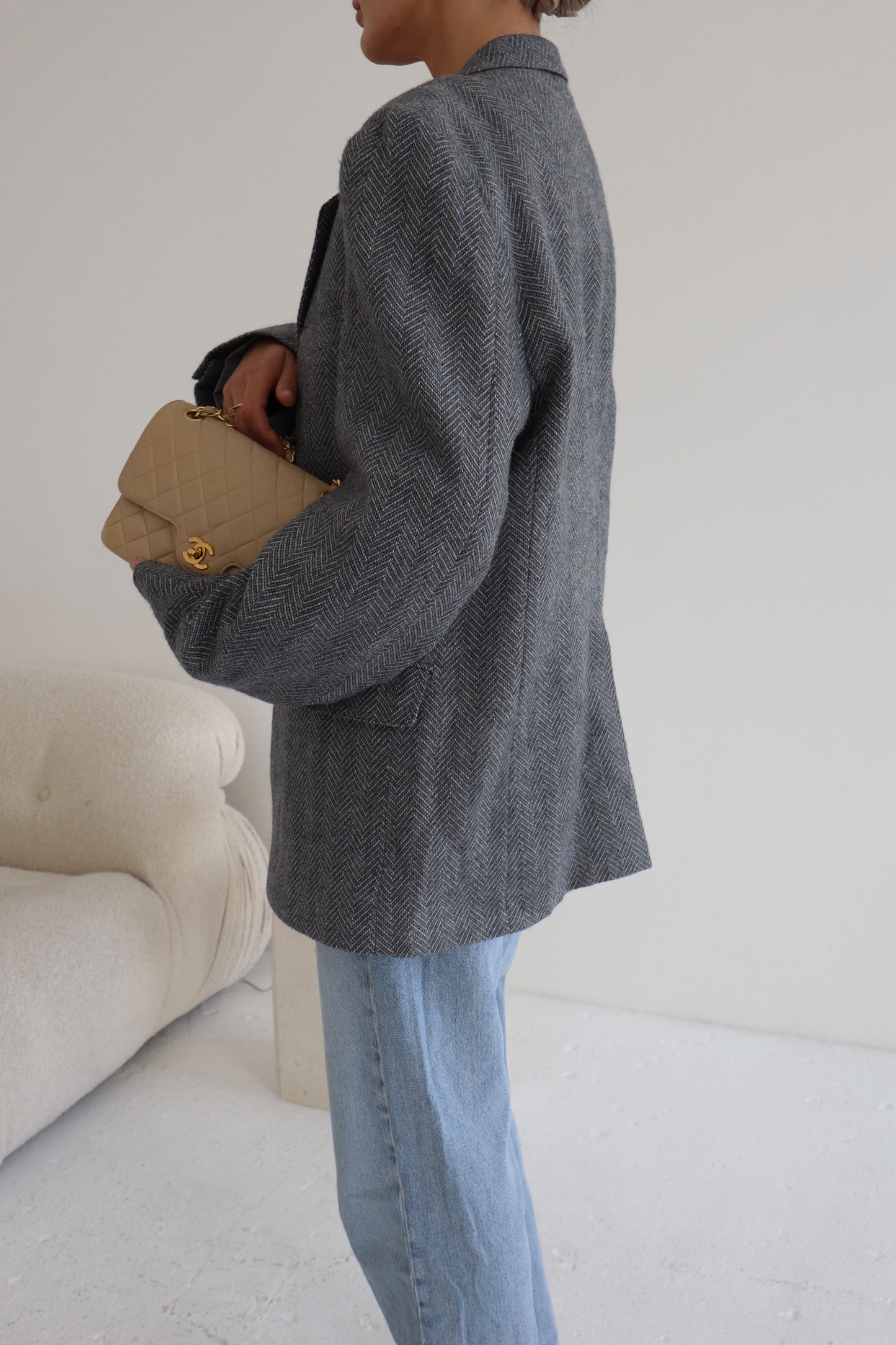 Oversized Slate Blue-Grey Herringbone Blazer
