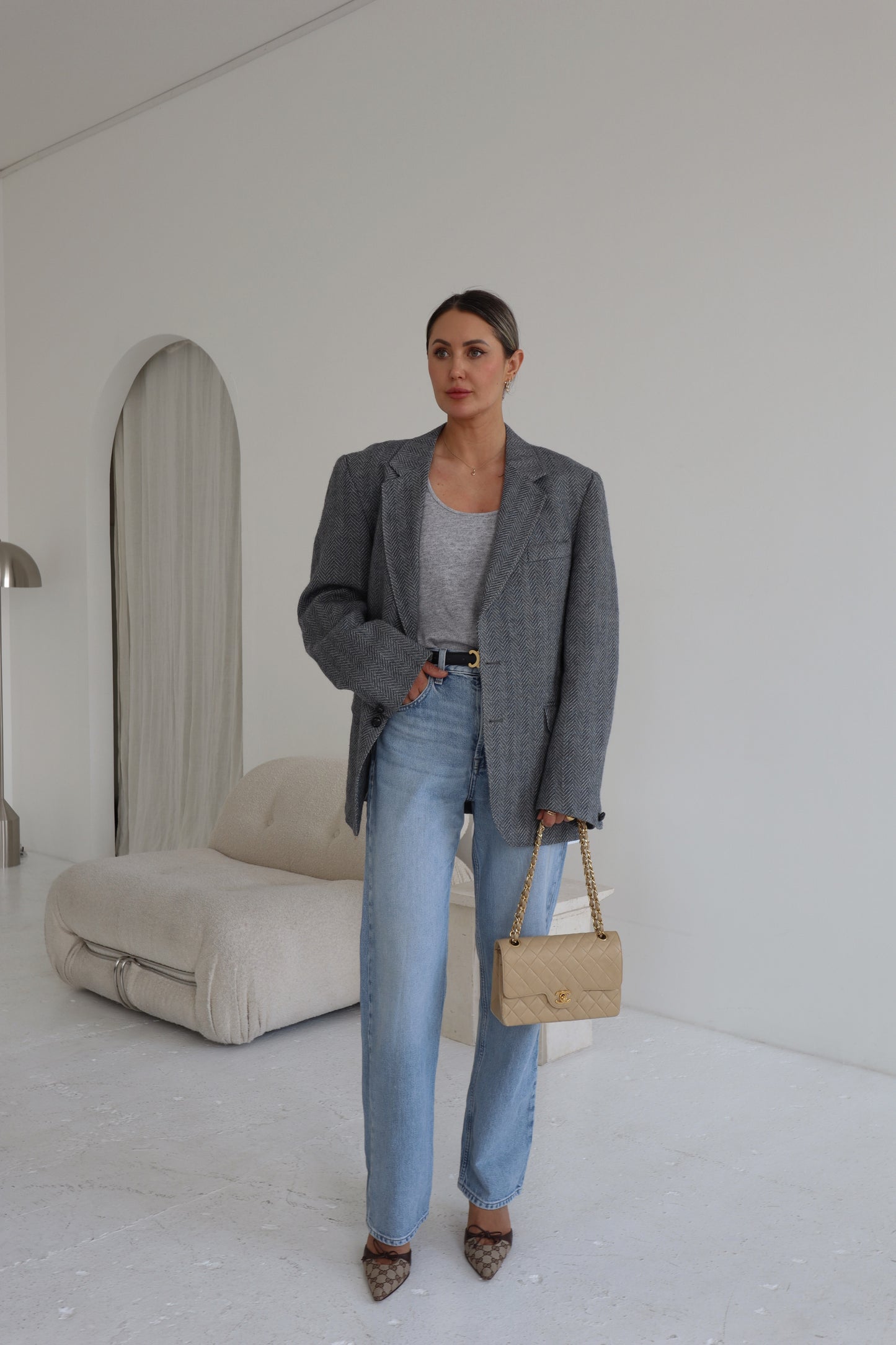 Oversized Slate Blue-Grey Herringbone Blazer