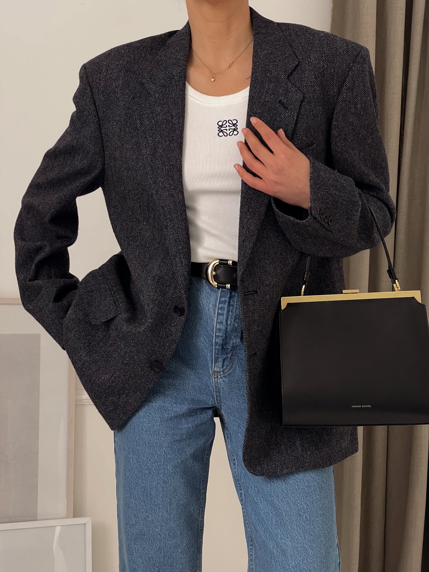 Grey Oversized Fishbone Wool Blazer