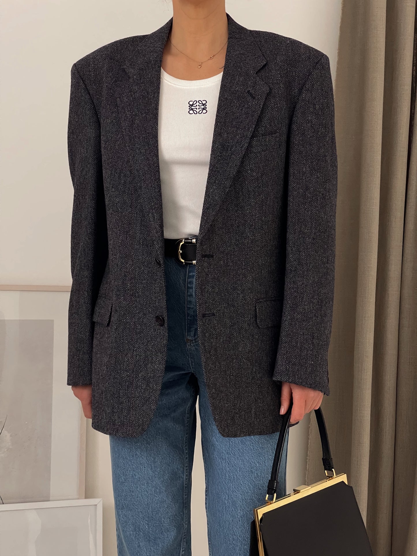 Grey Oversized Fishbone Wool Blazer