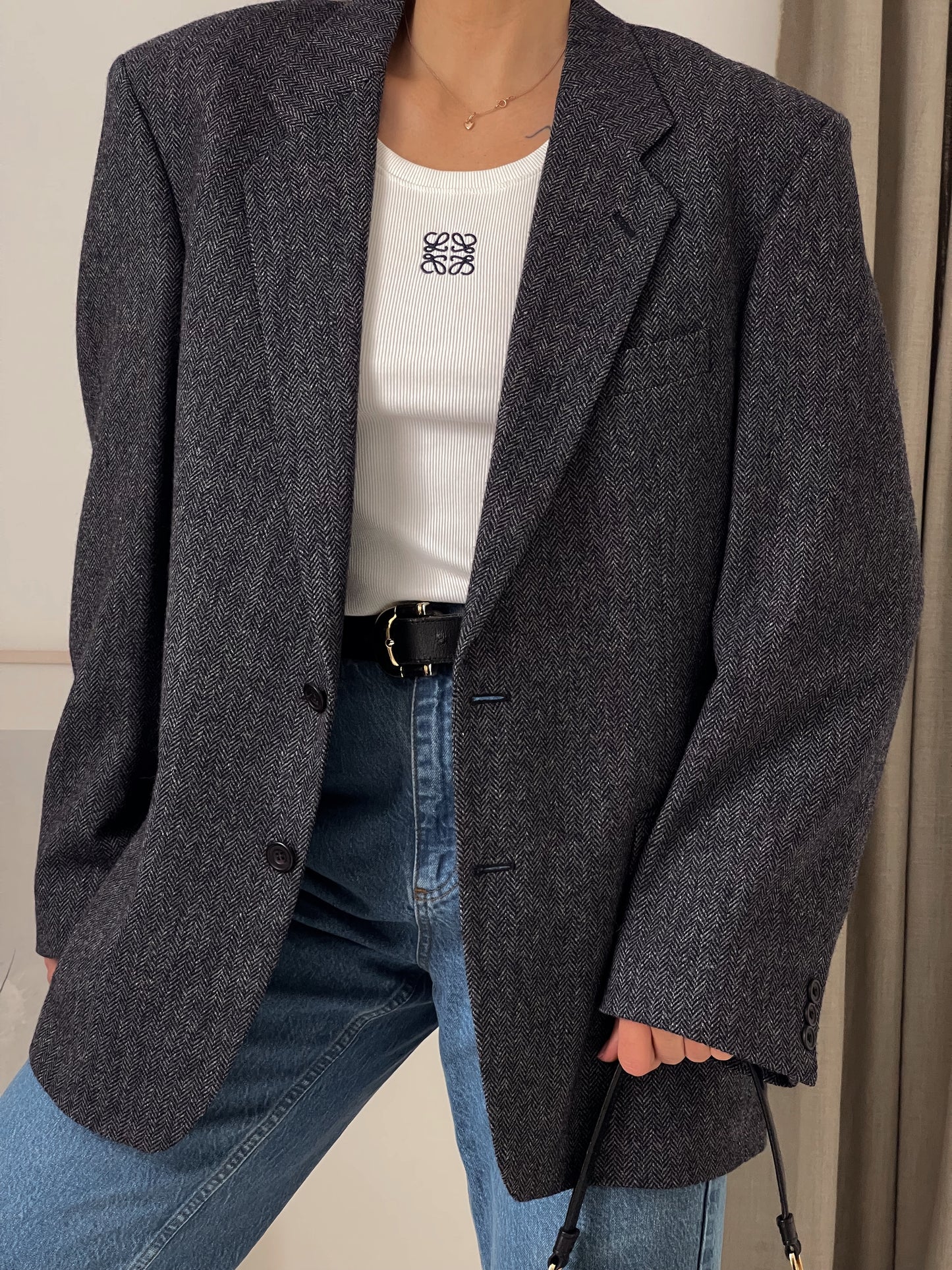 Grey Oversized Fishbone Wool Blazer